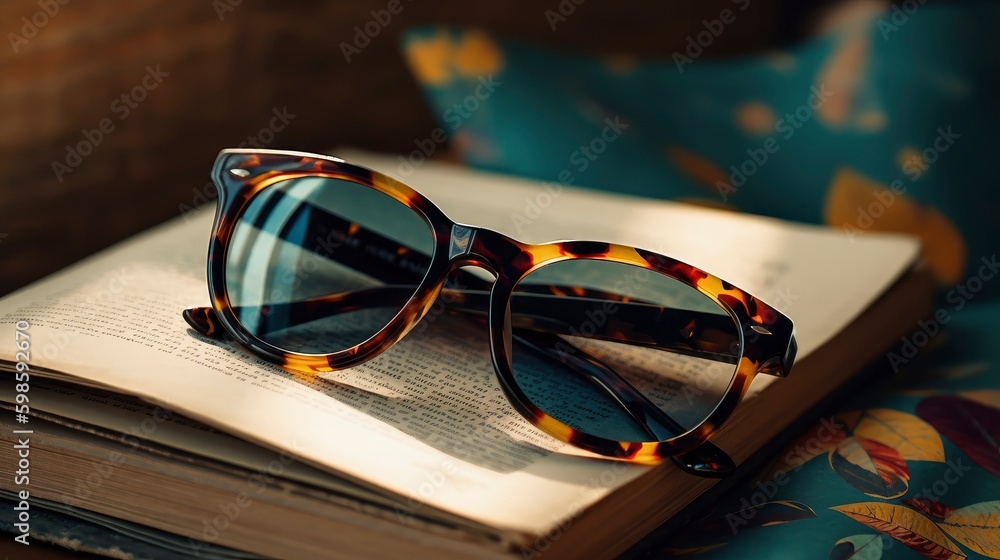 Poster a pair of sunglasses with a tortoiseshell pattern lying on a stack of colorful books. generative ai