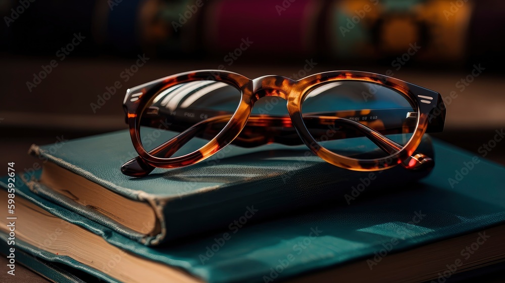 Aufkleber a pair of sunglasses with a tortoiseshell pattern lying on a stack of colorful books. generative ai