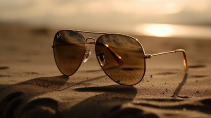 A pair of aviator sunglasses resting on a sandy beach with the ocean in the background. Generative AI