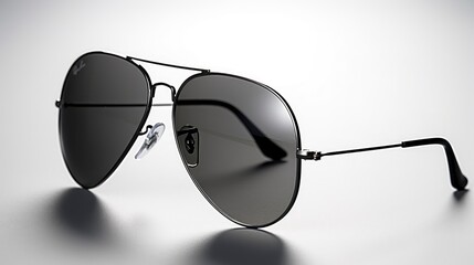 A pair of classic black sunglasses on a white background with a subtle reflection. Generative AI