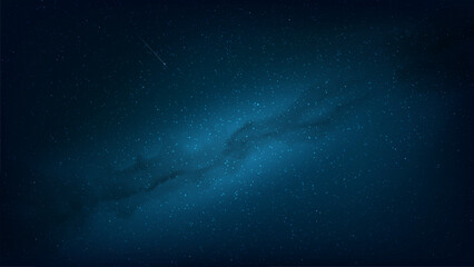 Obraz na płótnie Canvas Night shining starry sky, galaxy, milky way. Dark blue space background with stars, nebula, meteor. Starlight night in nature, cosmos. Star field. Vector illustration