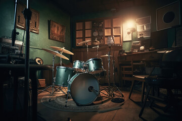 Obraz na płótnie Canvas Vintage Drum kit in a recording studio. Photo in old color image style. generative AI