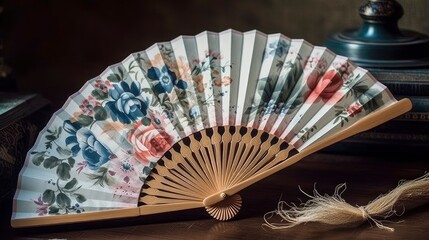 A paper fan with a romantic calligraphy design, perfect for a bridal shower or wedding reception. Generative AI