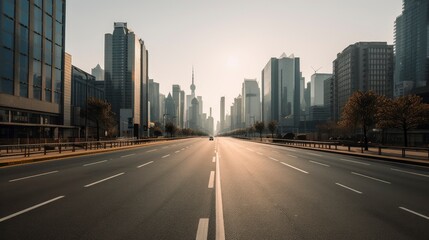 A straight, empty road with a modern city skyline in the distance. Generative AI