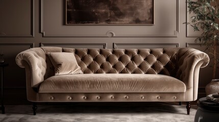 A taupe velvet sofa with tufted details on a beige background. Generative AI