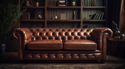 Fototapeta na wymiar A traditional brown leather Chesterfield sofa on a beige background. Generative AI