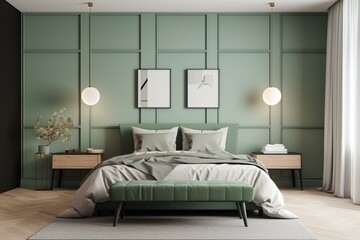 Minimalist mid-century modern sage green bedroom mockup with statement wall and staged furniture. Generative AI