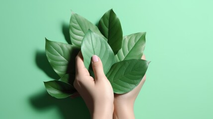 Hands holding grean leafs