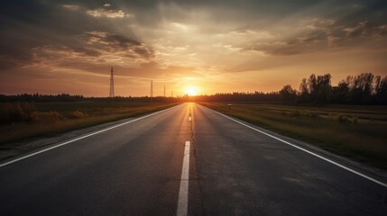 An empty highway stretching for miles with the sun setting in the background. Generative AI