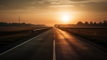 An empty highway stretching for miles with the sun setting in the background. Generative AI