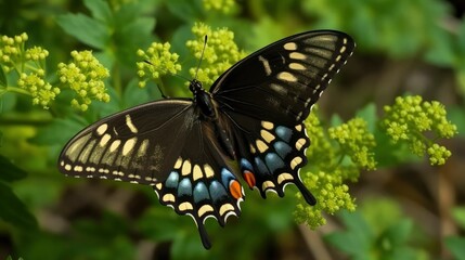 Black swallowtail butterfly on a parsley plant. Generative AI