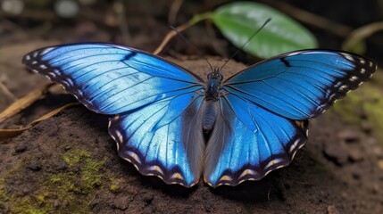 Obraz na płótnie Canvas Blue morpho butterfly with its wings open to show off its brilliant blue color. Generative AI