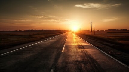 An empty highway stretching for miles with the sun setting in the background. Generative AI