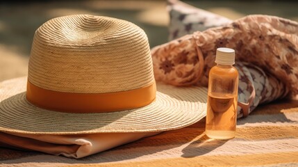 beach towel next to a straw hat and a bottle of sunscreen. Generative AI