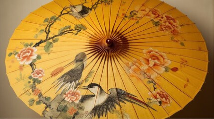 A yellow Chinese paper umbrella with a bird and floral pattern. Generative AI