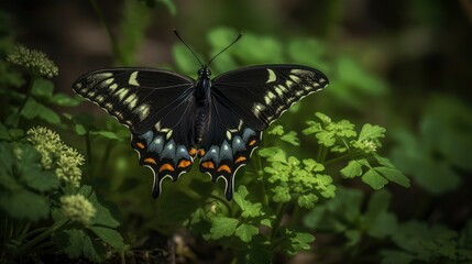 Obraz premium Black swallowtail butterfly on a parsley plant. Generative AI