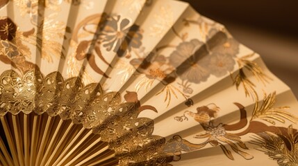 Close-up of a delicate paper fan with intricate floral patterns and gold accents. Generative AI