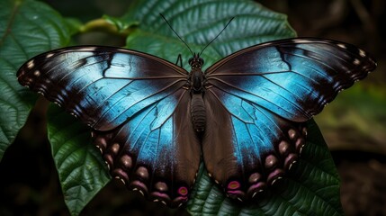 Blue morpho butterfly with its wings open to show off its brilliant blue color. Generative AI