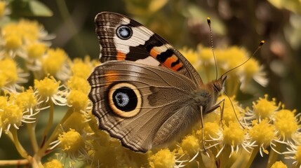 Common buckeye butterfly on a goldenrod plant. Generative AI