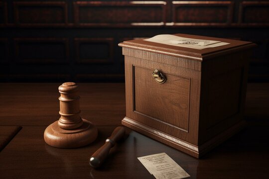 3D wooden gavel beside a ballot box. Generative AI