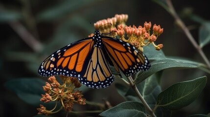 Fototapeta na wymiar Monarch butterfly perched on a milkweed plant. Generative AI