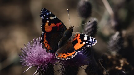 Fototapeta na wymiar Red admiral butterfly on a thistle flower. Generative AI