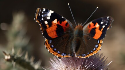 Red admiral butterfly on a thistle flower. Generative AI
