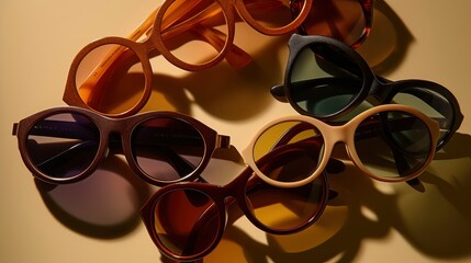 Several pairs of sunglasses arranged in a circle, with each pair pointing towards the center. Generative AI