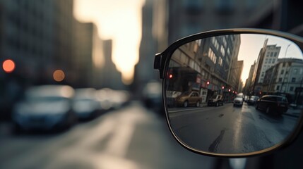 Sunglasses hanging from a car's rearview mirror with the blurred background of a busy city street. Generative AI
