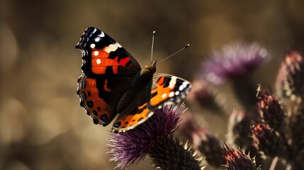 Obraz premium Red admiral butterfly on a thistle flower. Generative AI
