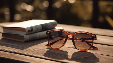 Sunglasses resting on a wooden deck next to a book and a cup of coffee. Generative AI