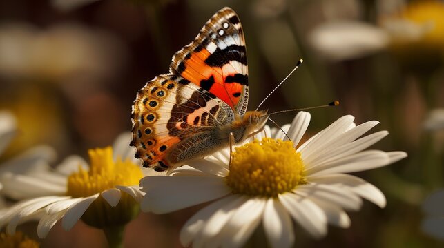 Painted lady butterfly on a daisy flower. Generative AI