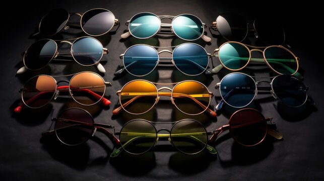 Several pairs of sunglasses arranged in a circle, with each pair pointing towards the center. Generative AI