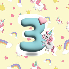 2 in 1. Birthday 3 years, seamless pattern 