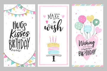 Set of lovely birthday greeting cards with cakes, balloons, gifts and cute typography