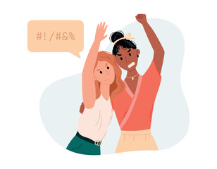 Two flat young angry protesting women. Cartoon couple hugging girls at social rally. Defending the rights of women or LGBT people.