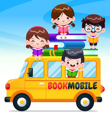 Obraz na płótnie Canvas Vector Cartoon Bookmobile With Happy Kids