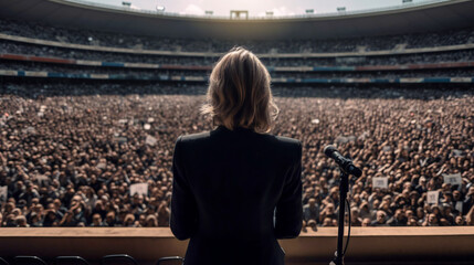 female politician wearing a black suit giving a speech to thousands of people at a stadium. Generative AI - obrazy, fototapety, plakaty