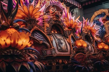 Vibrant carnival floats in Brazil adorned with intricate samba sculptures and colorful decorations. Generative AI