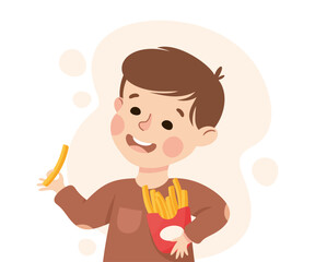 Funny Boy Character Eating French Fries Showing Like Vector Illustration