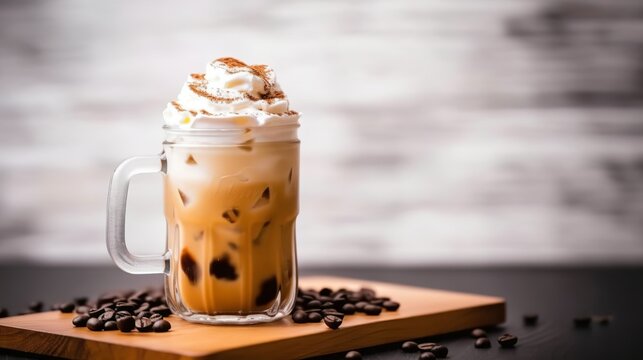Ice frappuccino, summer refreshing coffee drink with cream and coffee beans, Generative AI
