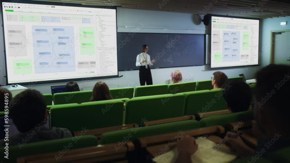 Poster young university professor explaining a web development project to a group of diverse multiethnic st