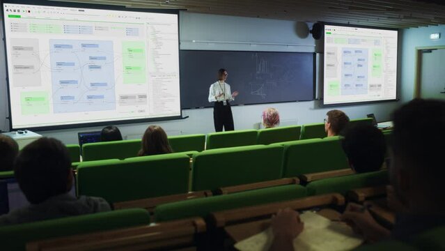 Young University Professor Explaining a Web Development Project to a Group of Diverse Multiethnic Students in a Modern Auditorium. Female Teacher Showing a Back-End Road-Map on Two Big Screens