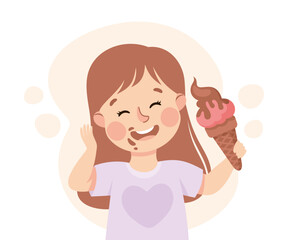 Funny Girl Character Eating Ice Cream in Waffle Cone Showing Like Vector Illustration