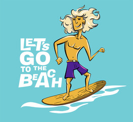 Boy surf on big wave cool summer t-shirt print. Dude ride surfboard. Let's go to beatch slogan.