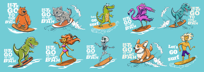 Animals dude surf summer t-shirt print. Wild bear, dinosaur, crocodile ride surfboard big wave. Corgi and cat - 598595639