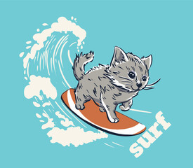 Cute Kitty surfer cool summer t-shirt print. Cat ride surfboard on big wave. - 598595655