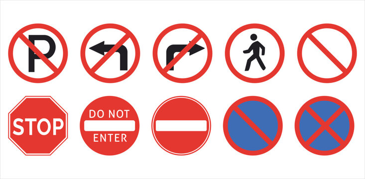 NO PARKING, STOP no entry road sign icon shape set. Traffic Prohibition logo symbol Isolated. Not allowed direction sign. No trespassing. Turn left and turn right traffic signs.Do not enter. Pedestria