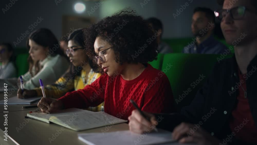 Poster talented smart multiethnic hispanic female student studying in college with diverse colleagues. blac