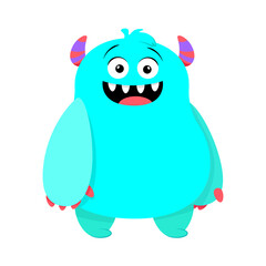 Blue smiling monster with horns on a white background 